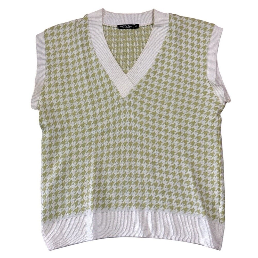 Nasty Gal Womens Houndstooth Green  And White Sweater Vest Size Medium EUC‎
